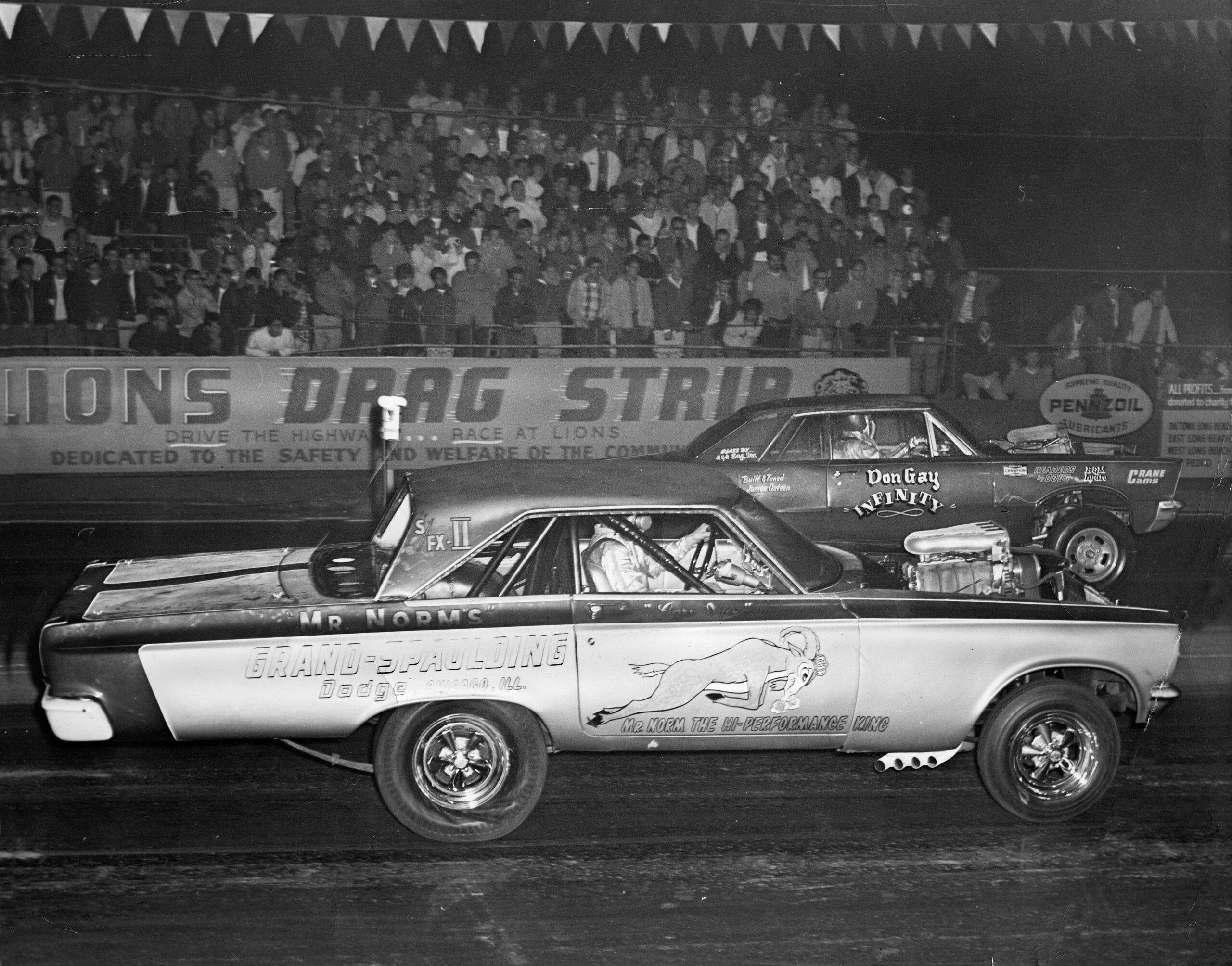 Don Gay funny car black white racing action