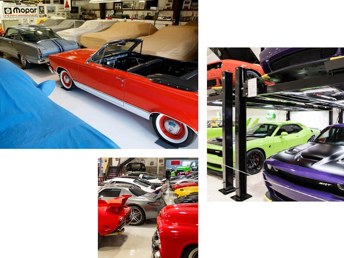 Collector vehicles lined up at a storage facility.