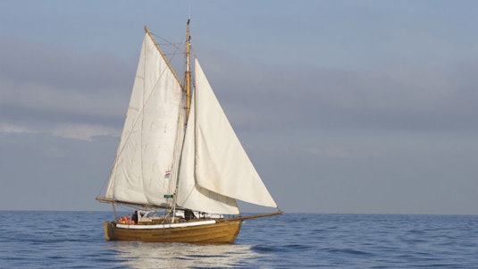 A wooden collector sailboat with white sails unfurled, with gray clouds in the background.