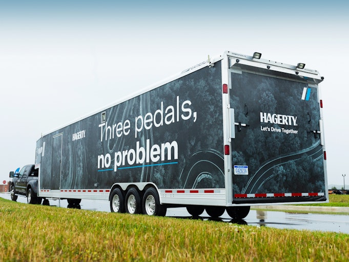 A truck pulling a Hagerty trailer.